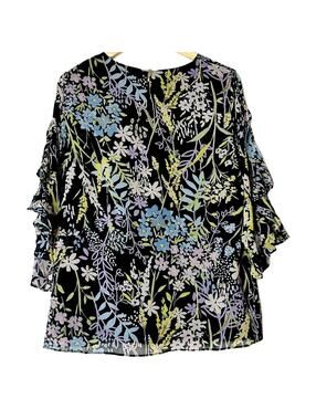 Calvin Klein Multicolor Floral Ruffle Sleeve Blouse Size L V‑Neck Lined